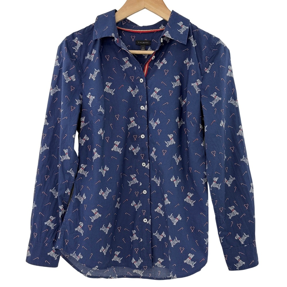 Talbots Women's Blue Scottish Terrier Candy Cane Long‎ Sleeve Button Up Size S